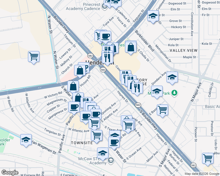 map of restaurants, bars, coffee shops, grocery stores, and more near 123 East Pacific Avenue in Henderson