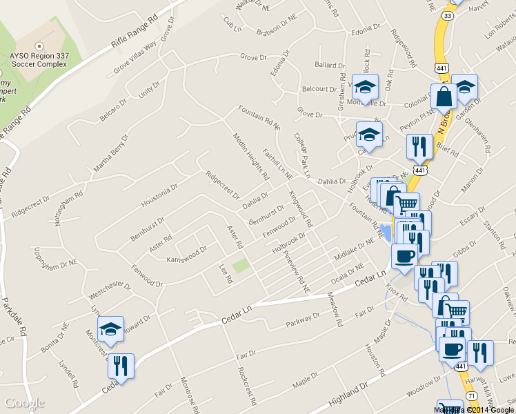 map of restaurants, bars, coffee shops, grocery stores, and more near 338 Dahlia Drive in Knoxville