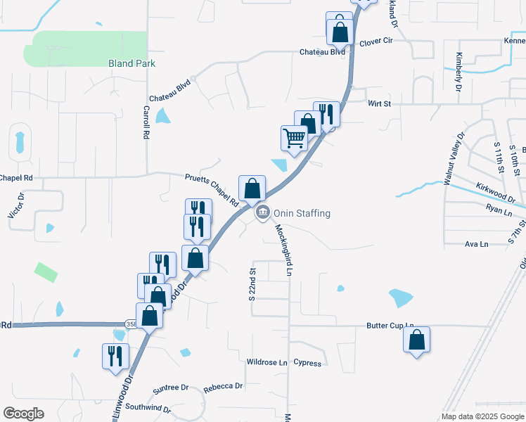 map of restaurants, bars, coffee shops, grocery stores, and more near 1908 Mockingbird Lane in Paragould