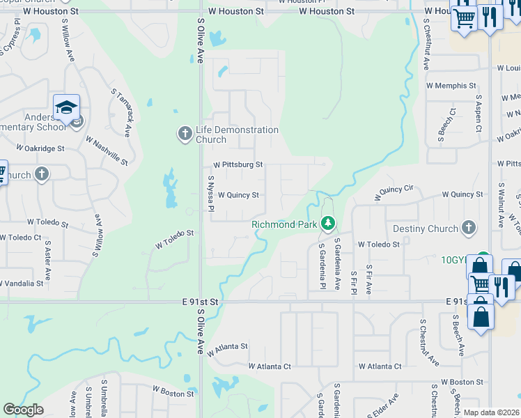 map of restaurants, bars, coffee shops, grocery stores, and more near 1625 South Laurel Avenue in Broken Arrow