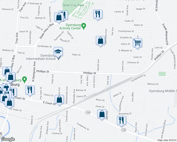 map of restaurants, bars, coffee shops, grocery stores, and more near 1204 Phillips Street in Dyersburg