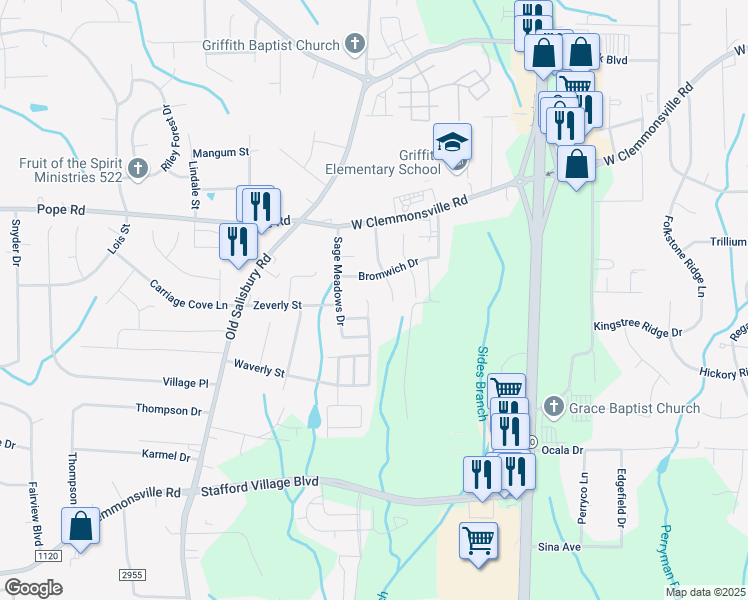 map of restaurants, bars, coffee shops, grocery stores, and more near 2216 Waverly Dell Drive Southeast in Winston-Salem