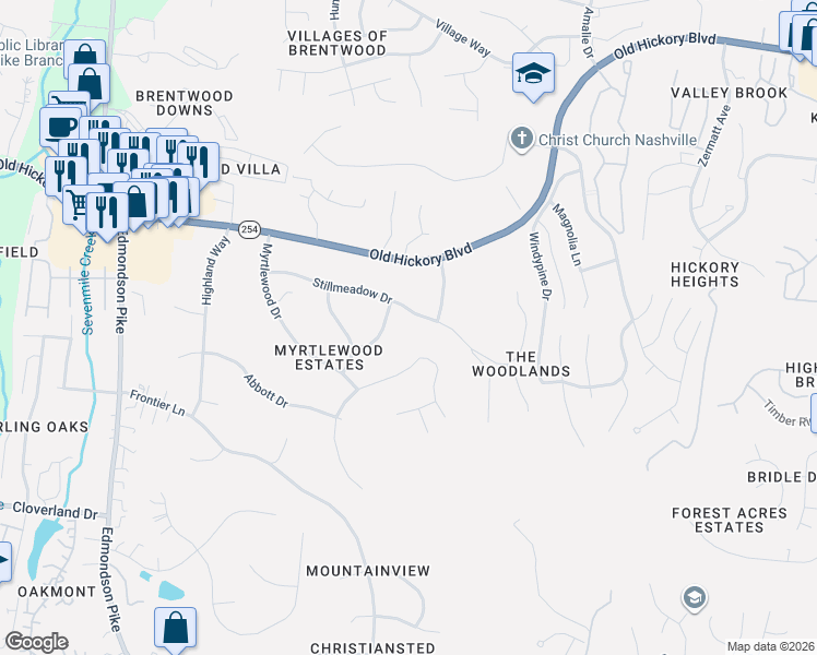 map of restaurants, bars, coffee shops, grocery stores, and more near 5920 Woodland Hills Drive in Nashville