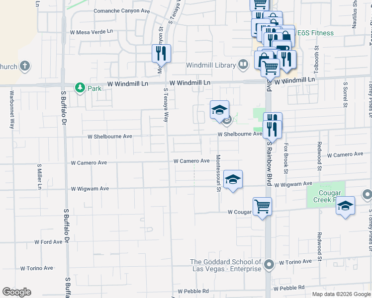 map of restaurants, bars, coffee shops, grocery stores, and more near 7294 West Camero Avenue in Las Vegas