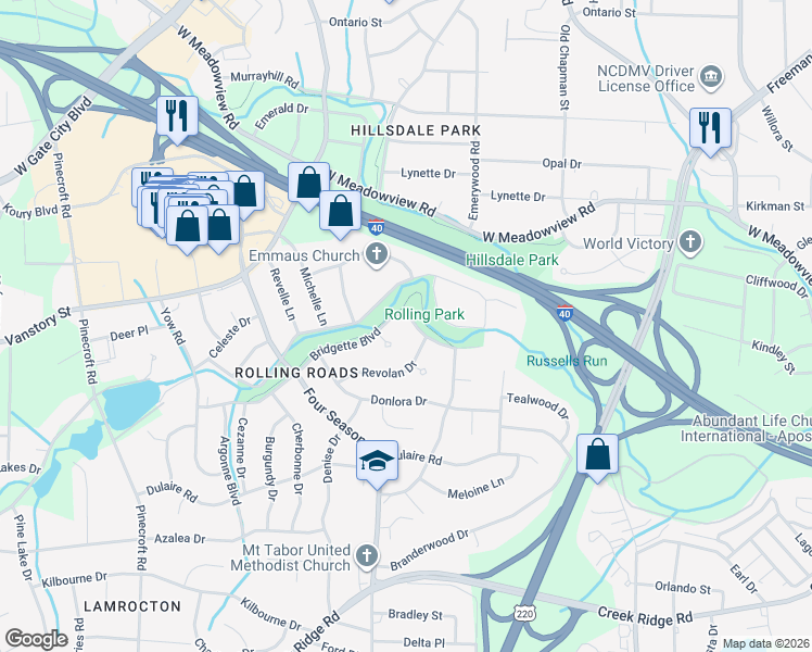 map of restaurants, bars, coffee shops, grocery stores, and more near 2202 Revolan Drive in Greensboro