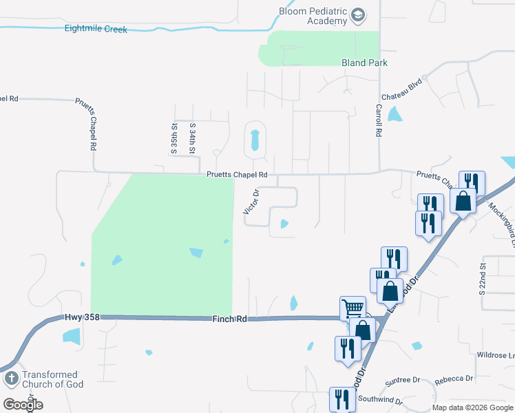 map of restaurants, bars, coffee shops, grocery stores, and more near 16 Victor Drive in Paragould