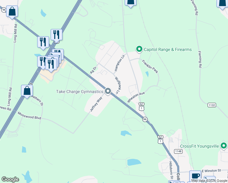 map of restaurants, bars, coffee shops, grocery stores, and more near 5221 North Carolina 96 in Youngsville