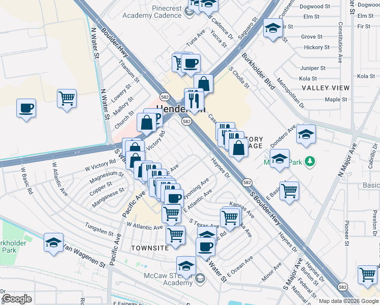 map of restaurants, bars, coffee shops, grocery stores, and more near 67 East Pacific Avenue in Henderson
