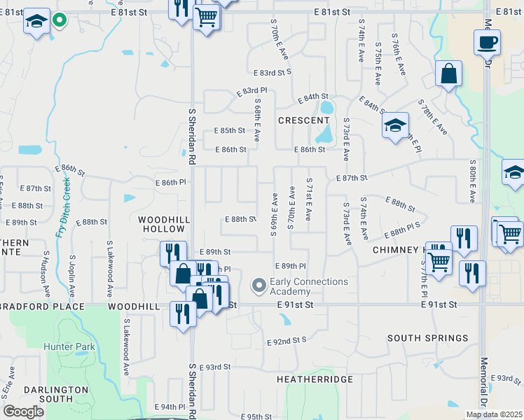 map of restaurants, bars, coffee shops, grocery stores, and more near 8814 South 69th East Avenue in Tulsa