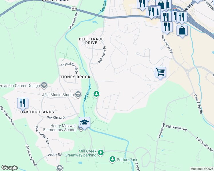 map of restaurants, bars, coffee shops, grocery stores, and more near 2174 Rivendell Trce in Nashville
