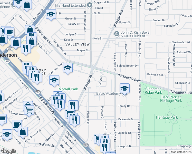 map of restaurants, bars, coffee shops, grocery stores, and more near 601 Cabrillo Circle in Henderson