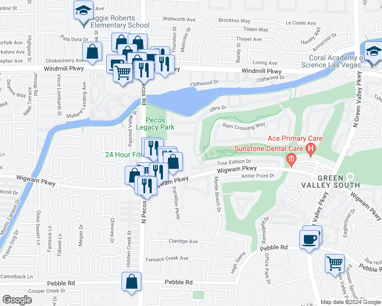map of restaurants, bars, coffee shops, grocery stores, and more near 123 Ultra Drive in Henderson