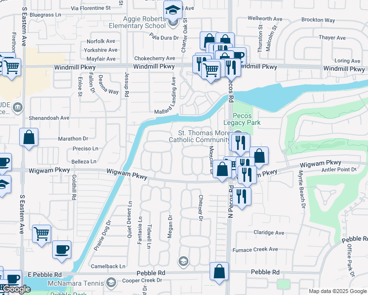 map of restaurants, bars, coffee shops, grocery stores, and more near South Pointe Way in Henderson