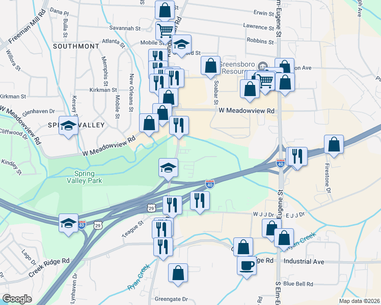 map of restaurants, bars, coffee shops, grocery stores, and more near 301-351 Dougherty Street in Greensboro