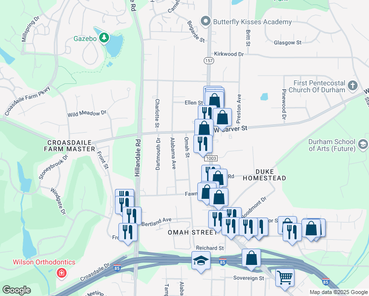 map of restaurants, bars, coffee shops, grocery stores, and more near 3023 Omah Street in Durham