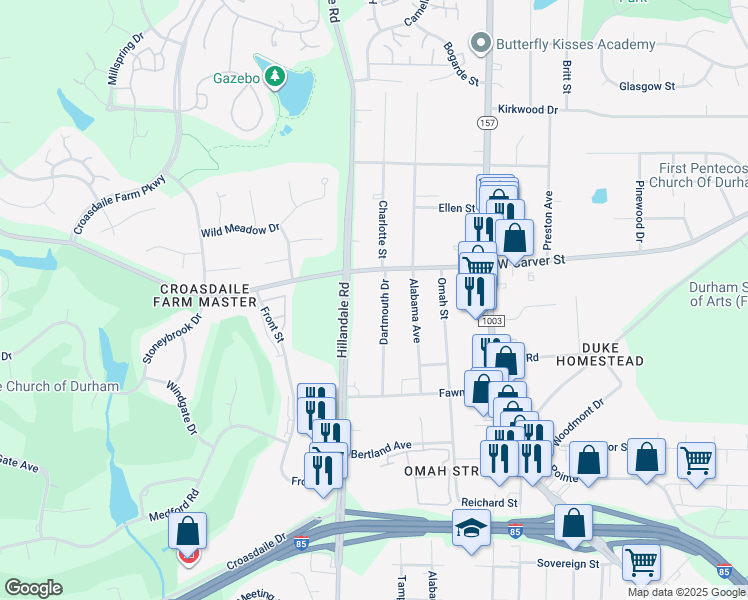 map of restaurants, bars, coffee shops, grocery stores, and more near 2101 Dartmouth Drive in Durham