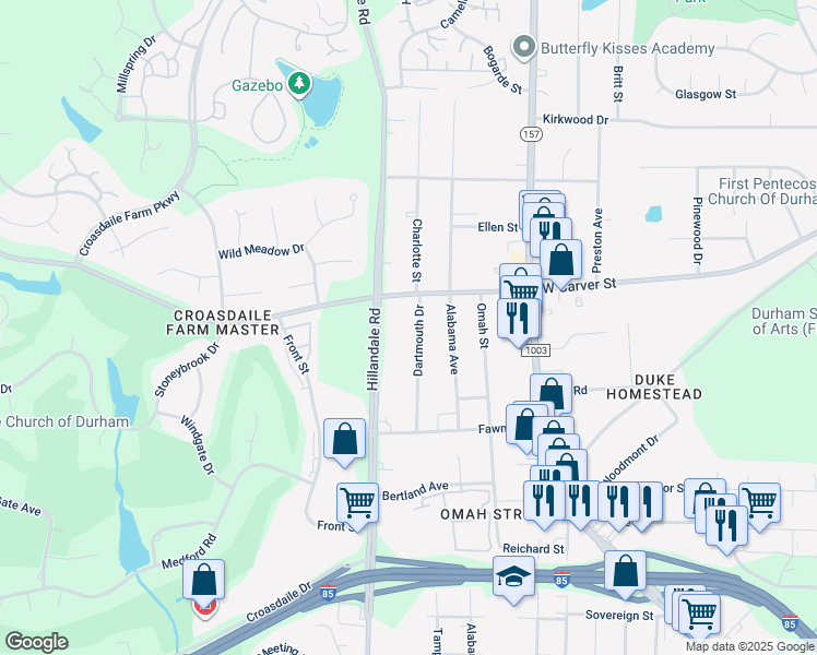 map of restaurants, bars, coffee shops, grocery stores, and more near 2101 Dartmouth Drive in Durham