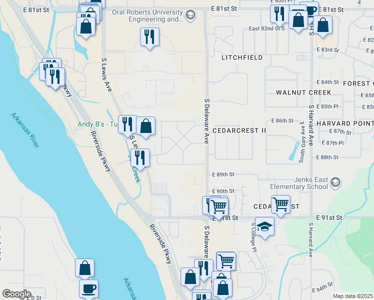 map of restaurants, bars, coffee shops, grocery stores, and more near 8812 South Delaware Avenue in Tulsa
