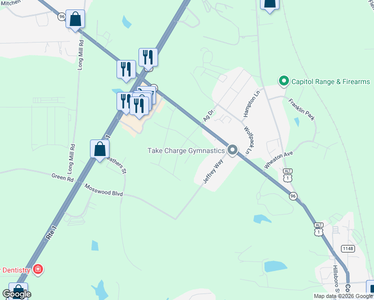 map of restaurants, bars, coffee shops, grocery stores, and more near 1136 U.S. 1 in Youngsville