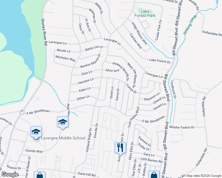 map of restaurants, bars, coffee shops, grocery stores, and more near 123 Berele Shepsele Lane in La Vergne