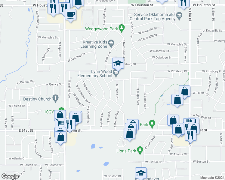 map of restaurants, bars, coffee shops, grocery stores, and more near 1661 South Pine Street in Broken Arrow
