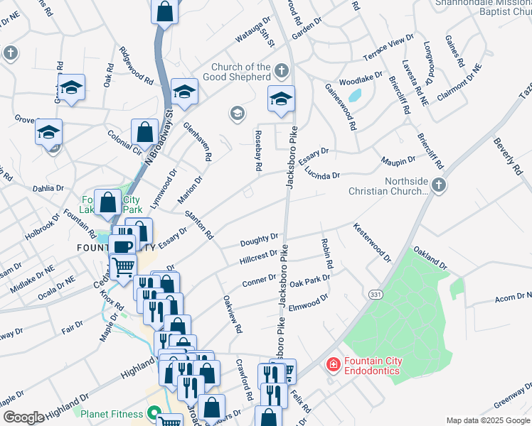 map of restaurants, bars, coffee shops, grocery stores, and more near 3038 Gibbs Drive in Knoxville