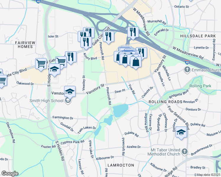 map of restaurants, bars, coffee shops, grocery stores, and more near 2227 Pinecroft Road in Greensboro