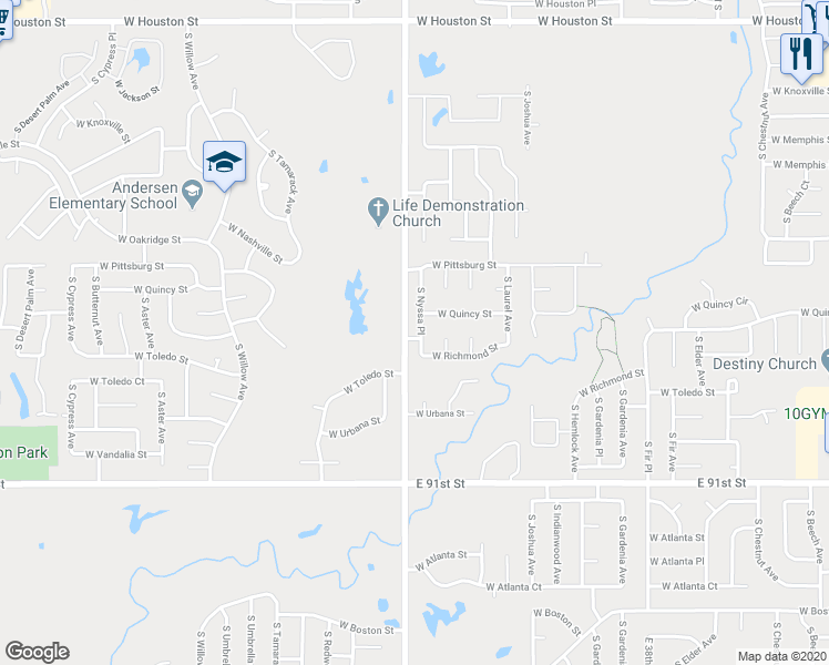 map of restaurants, bars, coffee shops, grocery stores, and more near 1612 South Nyssa Place in Broken Arrow