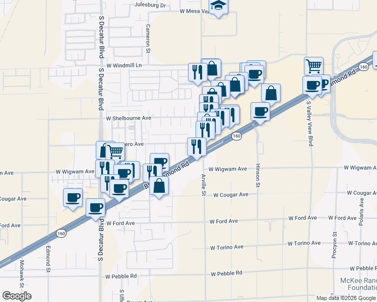 map of restaurants, bars, coffee shops, grocery stores, and more near 4415 Nevada 160 in Las Vegas