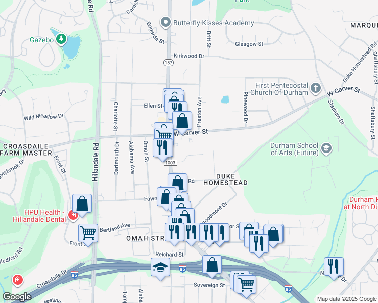 map of restaurants, bars, coffee shops, grocery stores, and more near 2632 Lombard Avenue in Durham