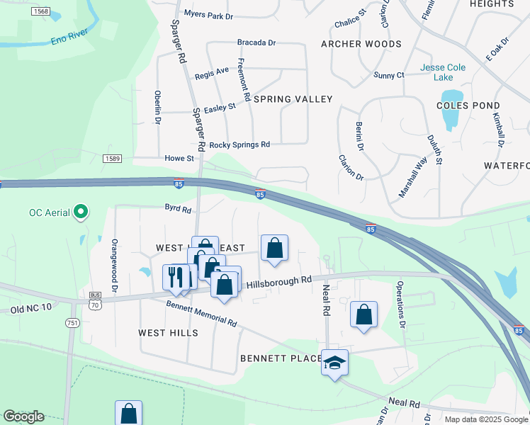 map of restaurants, bars, coffee shops, grocery stores, and more near 2303 Anthony Drive in Durham