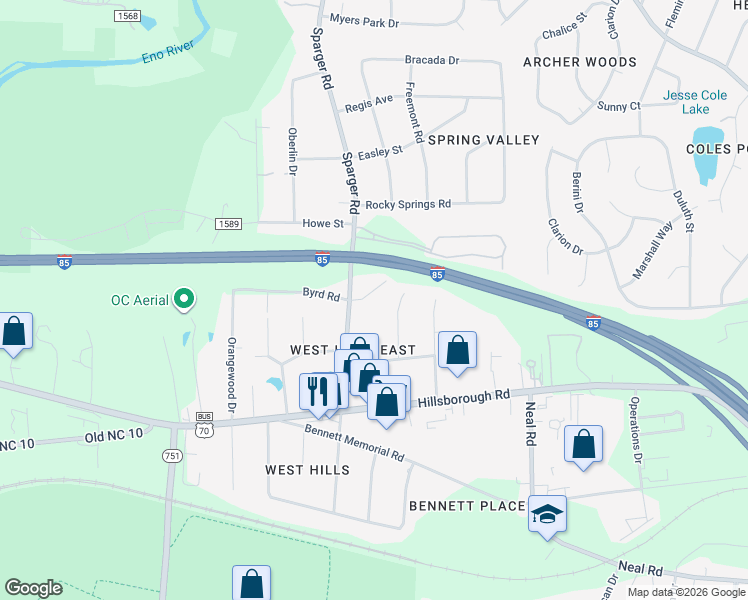 map of restaurants, bars, coffee shops, grocery stores, and more near 2302 Caroline Drive in Durham