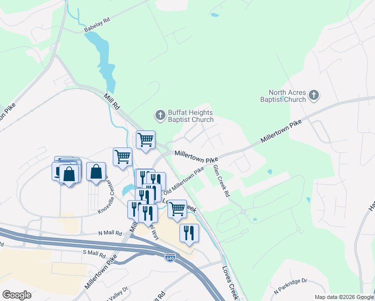 map of restaurants, bars, coffee shops, grocery stores, and more near 5512 Millertown Pike in Knoxville