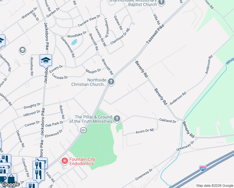 map of restaurants, bars, coffee shops, grocery stores, and more near 3914 Beverly Place in Knoxville