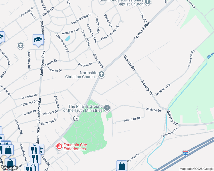 map of restaurants, bars, coffee shops, grocery stores, and more near 3914 Beverly Place in Knoxville