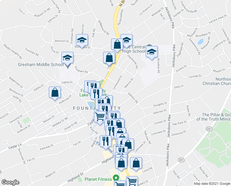 map of restaurants, bars, coffee shops, grocery stores, and more near 122 Lynnwood Drive in Knoxville