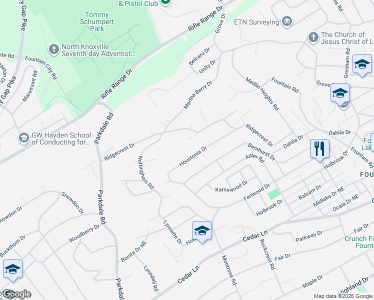 map of restaurants, bars, coffee shops, grocery stores, and more near 1934 Houstonia Drive in Knoxville