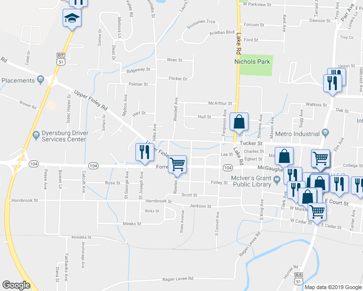 map of restaurants, bars, coffee shops, grocery stores, and more near 1014 Upper Finley Road in Dyersburg