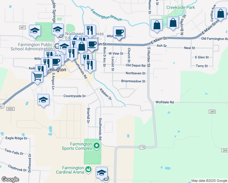map of restaurants, bars, coffee shops, grocery stores, and more near in Farmington
