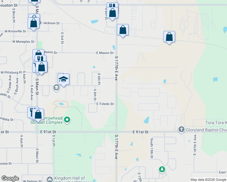 map of restaurants, bars, coffee shops, grocery stores, and more near 1009 East Richmond Street in Broken Arrow
