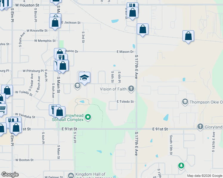 map of restaurants, bars, coffee shops, grocery stores, and more near 1717 South 6th Street in Broken Arrow