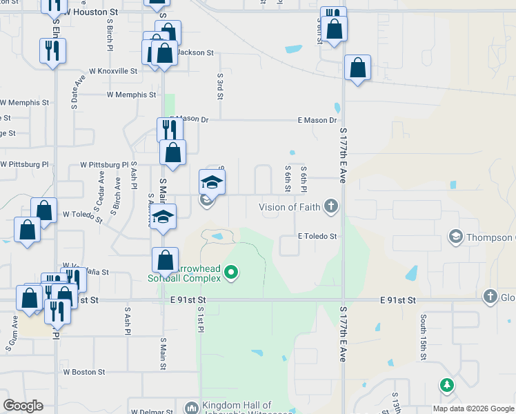 map of restaurants, bars, coffee shops, grocery stores, and more near 1721 South 4th Street in Broken Arrow