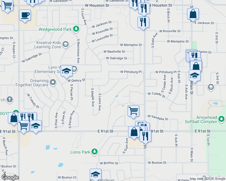 map of restaurants, bars, coffee shops, grocery stores, and more near 1113 West San Antonio Street in Broken Arrow
