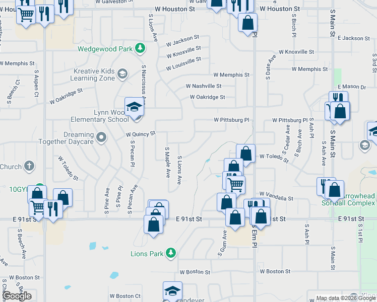map of restaurants, bars, coffee shops, grocery stores, and more near 1801 South Lions Avenue in Broken Arrow