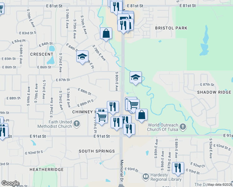 map of restaurants, bars, coffee shops, grocery stores, and more near 7910 East 87th Court in Tulsa