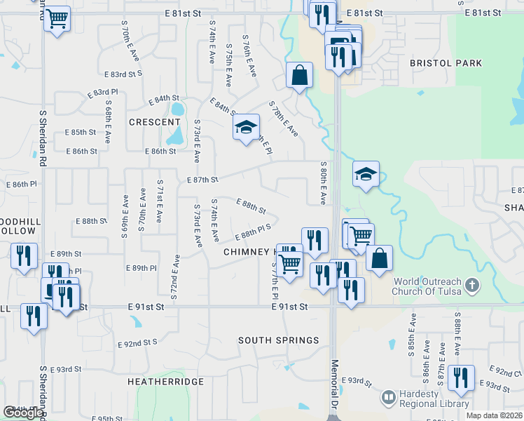 map of restaurants, bars, coffee shops, grocery stores, and more near 7628 East 88th Street in Tulsa