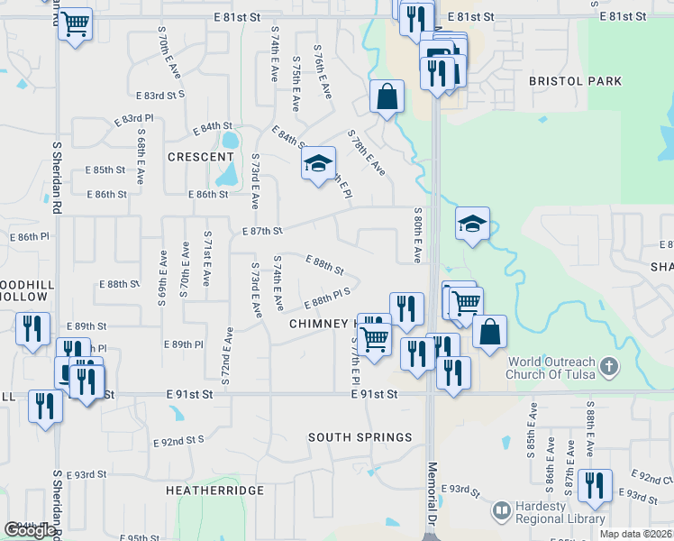 map of restaurants, bars, coffee shops, grocery stores, and more near 7628 East 88th Street in Tulsa
