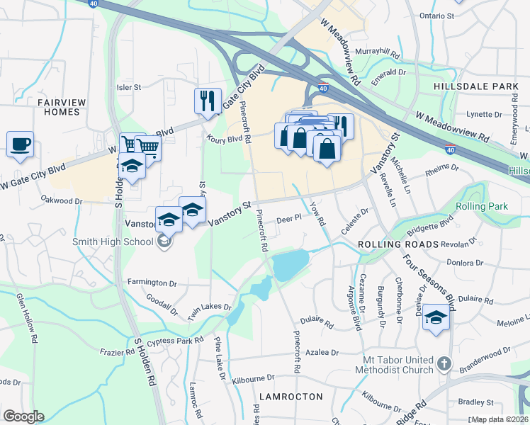 map of restaurants, bars, coffee shops, grocery stores, and more near 2227 Pinecroft Road in Greensboro