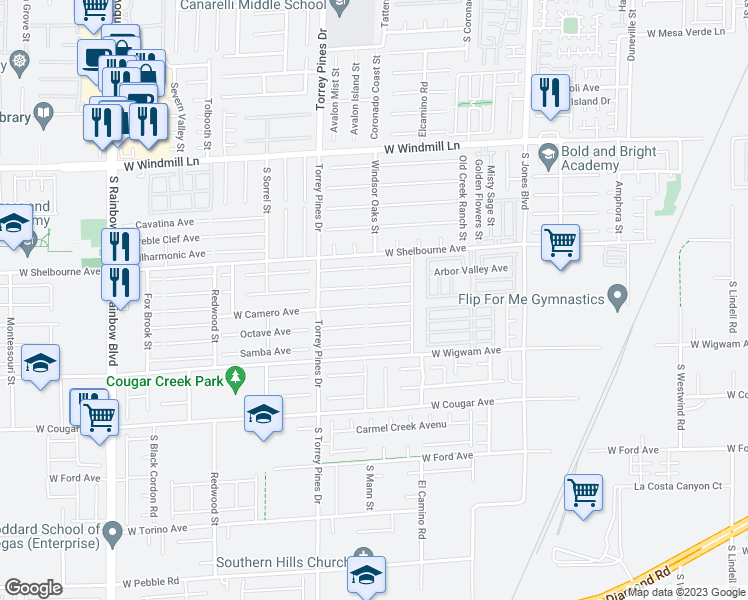 map of restaurants, bars, coffee shops, grocery stores, and more near 6376 Stag Hollow Court in Las Vegas
