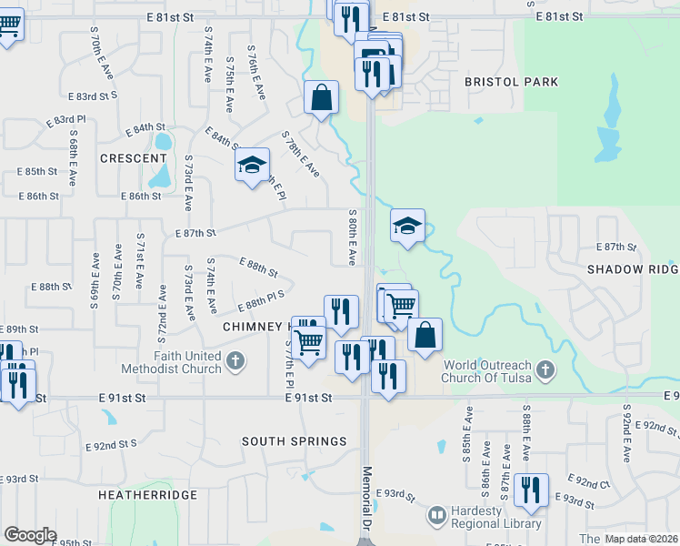 map of restaurants, bars, coffee shops, grocery stores, and more near 7910 East 87th Court in Tulsa